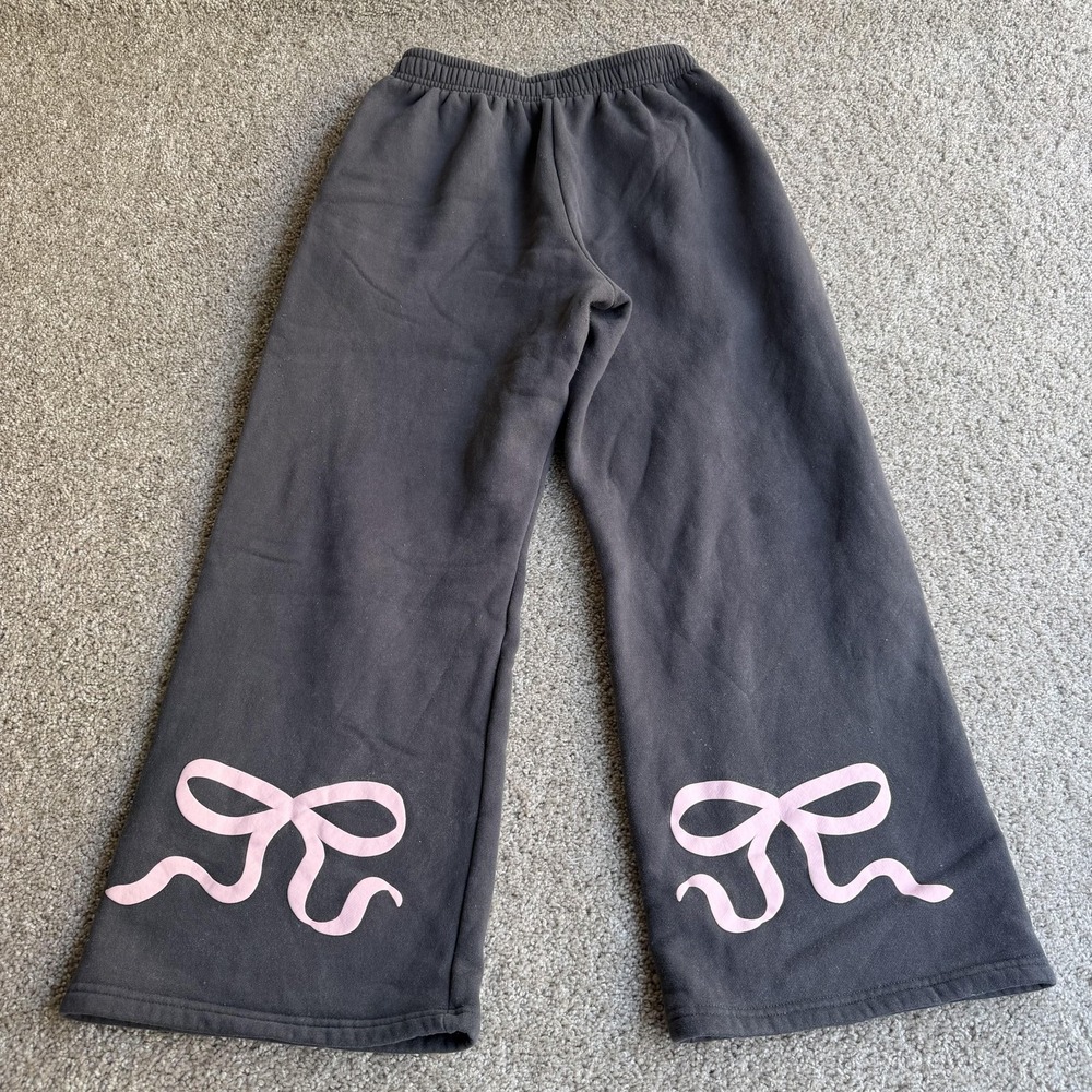 Edikted Sweatpants Womens Small Gray Fleece Wide Leg Bow Graphic Lounge Pockets